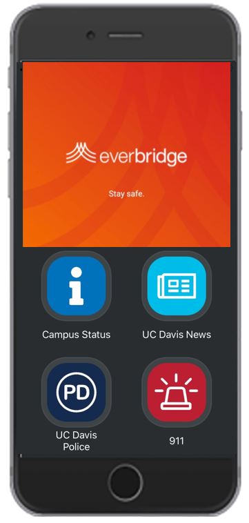 screengrab of the Everbridge app, with four buttons specialized for UC Davis. 