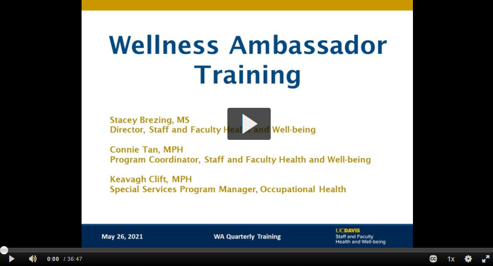 thumbnail of the title slide of the Spring 2021 Wellness Ambassador Training video